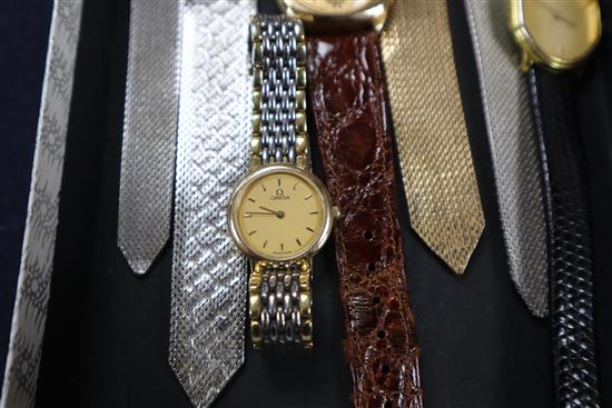 Two ladys steel and gold Omega wristwatches and six other assorted watches